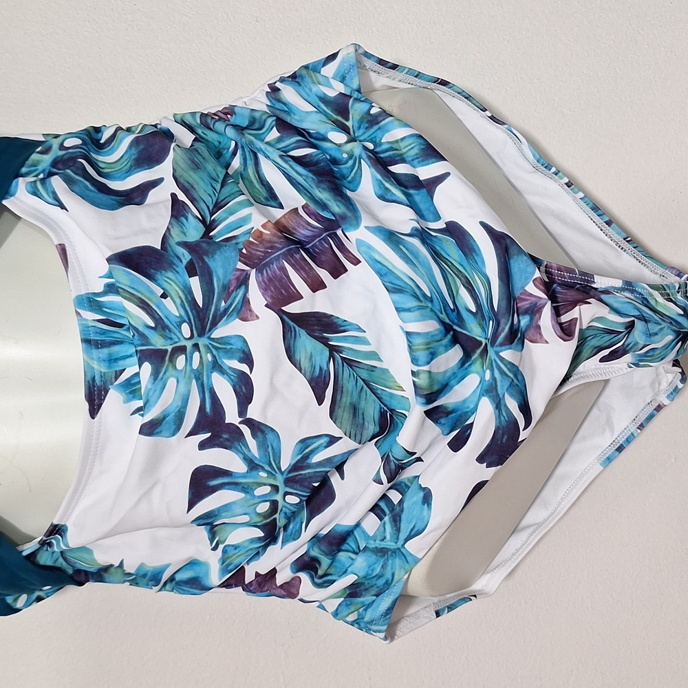 Eomenie Leaf Print Cutout One Piece Swimsuit Teal Large - Picture 6 of 9